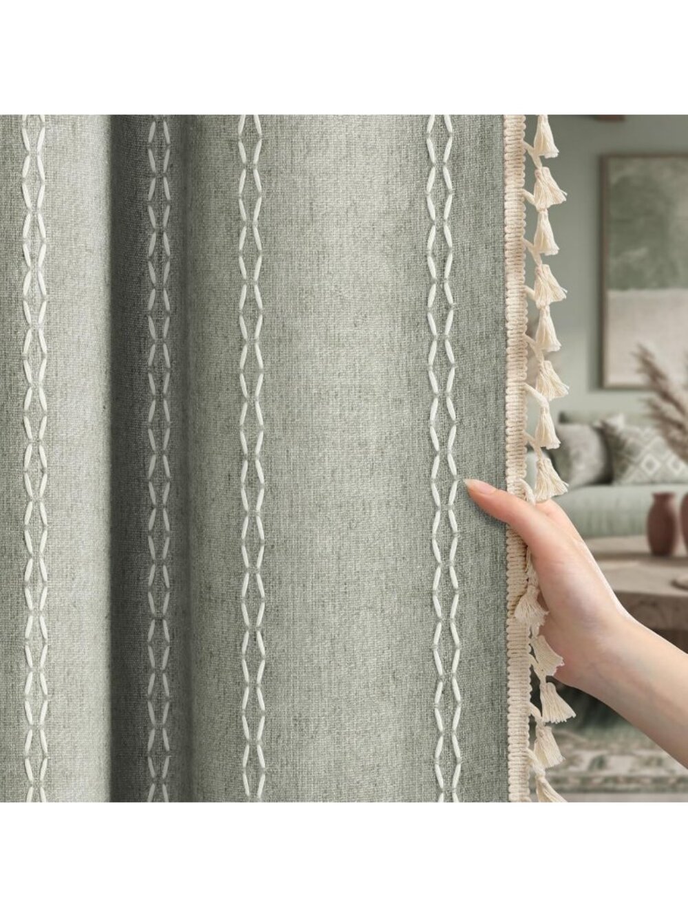 Sage Green Boho Chic Blackout Curtains, 84-Inch, 2 Panels with Tassels